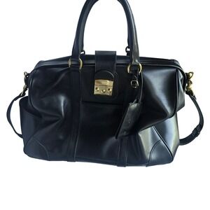 Cambridge Black Leather Weekender Travel Bag Doctor Bag Gold Hardware Plaid Line